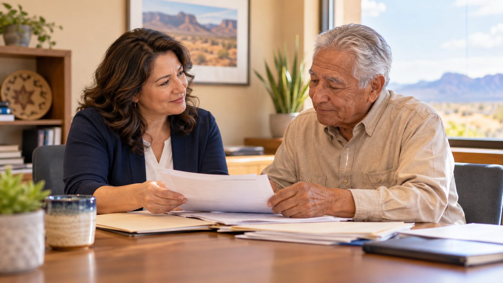 Illustrative image of a claims specialist helping a client review paperwork